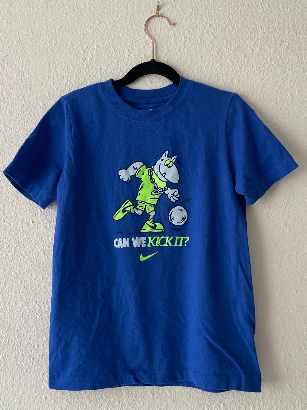 Nike Graphic T Shirt Youth Small Blue Can We Kick It Soccer Cartoon Tee